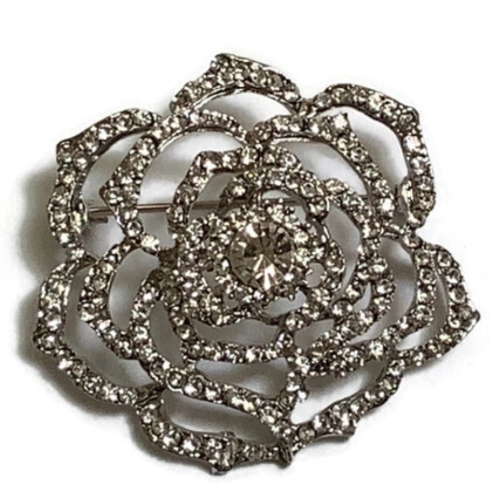 Silver Toned Rhinestone Flower Brooch - Picture 3 of 8